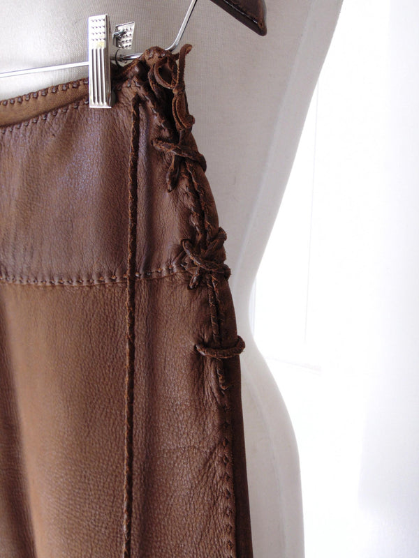 New Mexico Artisan Cowhide Skirt, Pam Dietrich Suede Clothing, Cognac Leather Skirt
