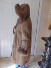Italian Shearling Hooded Coat with Fox Fur Trim, Size 44