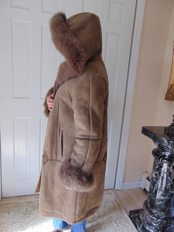 Italian Shearling Hooded Coat with Fox Fur Trim, Size 44