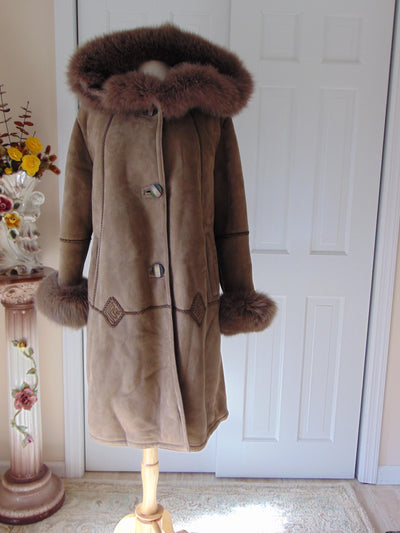 Italian Shearling Hooded Coat with Fox Fur Trim, Size 44