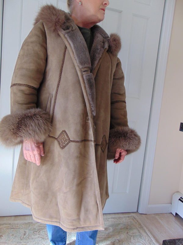 Italian Shearling Hooded Coat with Fox Fur Trim, Size 44