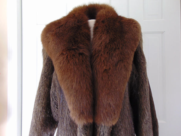 Vintage Full Length Nutria Fur Coat, Fox Collar, Flemington Furs