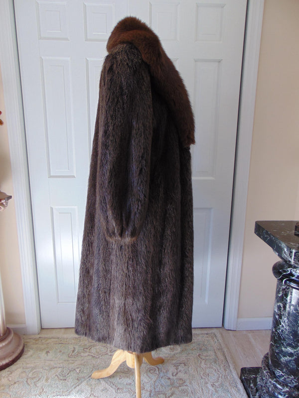 Vintage Full Length Nutria Fur Coat, Fox Collar, Flemington Furs