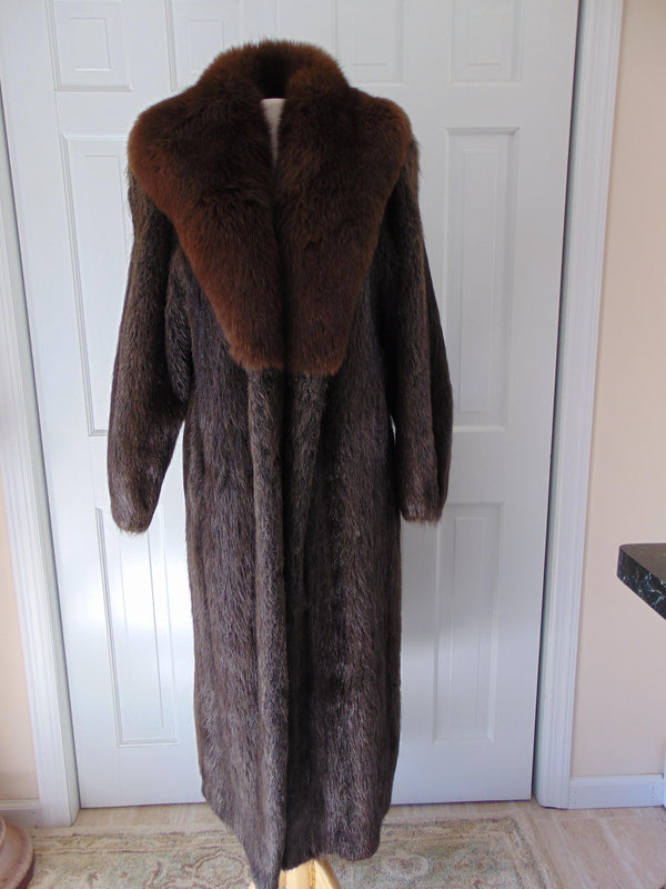 Vintage Full Length Nutria Fur Coat, Fox Collar, Flemington Furs
