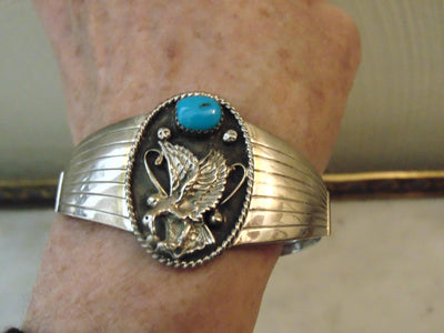 Turquoise Sterling Silver Eagle Cuff Bracelet, Running Bear, Western Jewelry