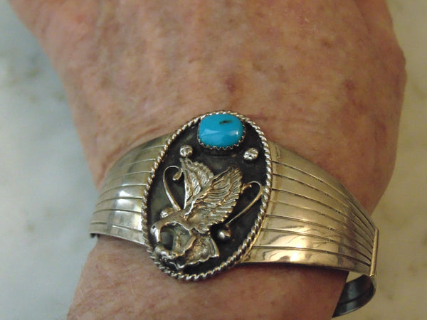 Turquoise Sterling Silver Eagle Cuff Bracelet, Running Bear, Western Jewelry