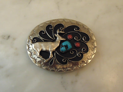 Sterling Silver Turquoise Deer Belt Buckle, Western Cowboy Cowgirl Rodeo