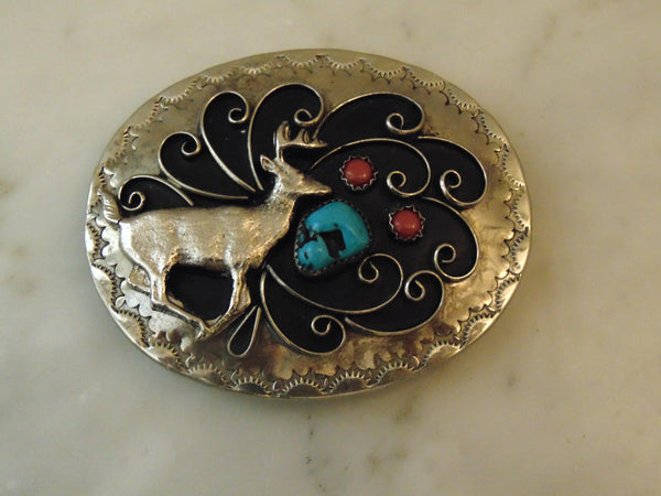 Sterling Silver Turquoise Deer Belt Buckle, Western Cowboy Cowgirl Rodeo
