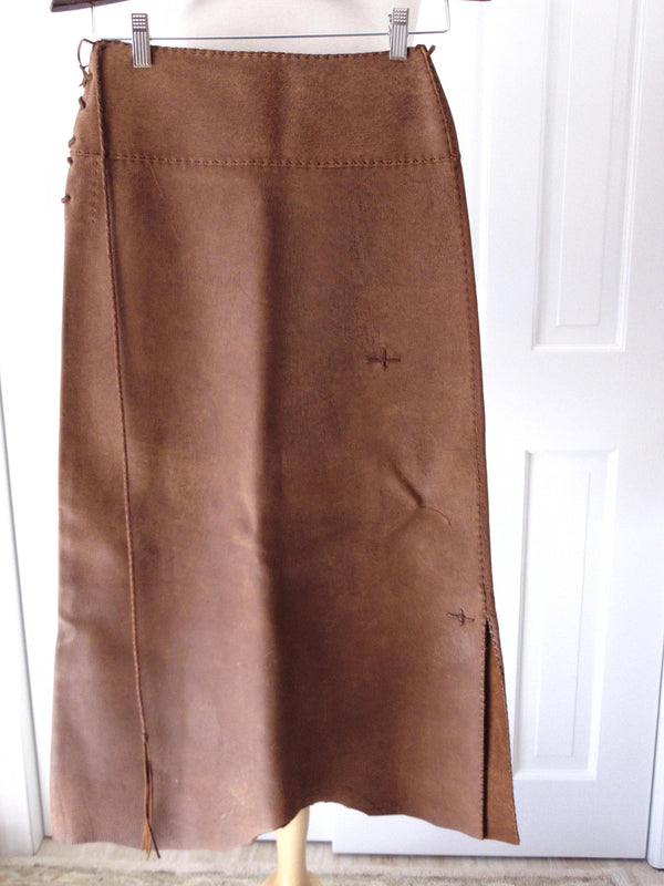New Mexico Artisan Cowhide Skirt, Pam Dietrich Suede Clothing, Cognac Leather Skirt