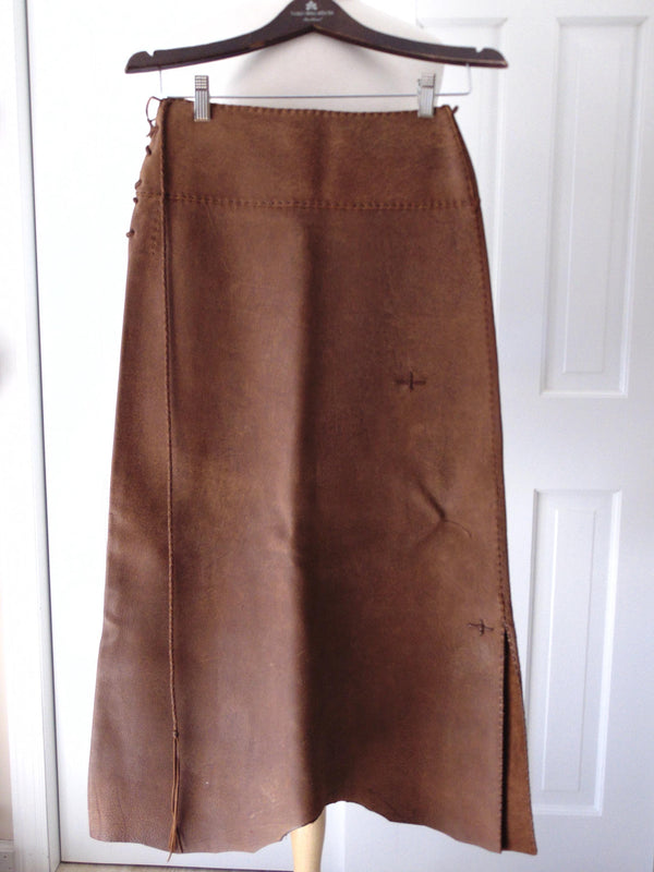 New Mexico Artisan Cowhide Skirt, Pam Dietrich Suede Clothing, Cognac Leather Skirt