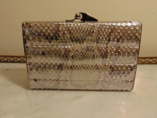 Vintage Snakeskin Metallic Clutch, Silver Shoulder Bag, Wedding Purse