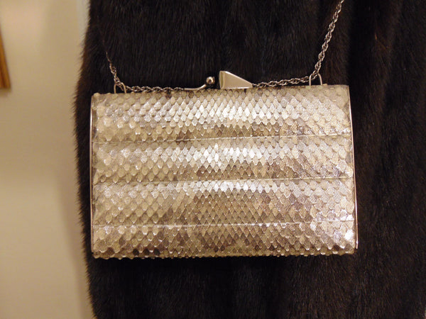 Vintage Snakeskin Metallic Clutch, Silver Shoulder Bag, Wedding Purse