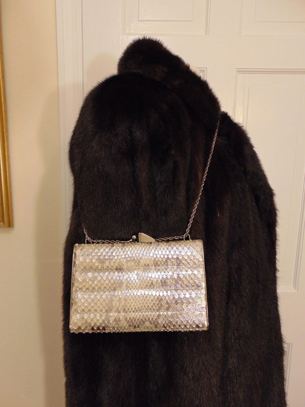 Vintage Snakeskin Metallic Clutch, Silver Shoulder Bag, Wedding Purse