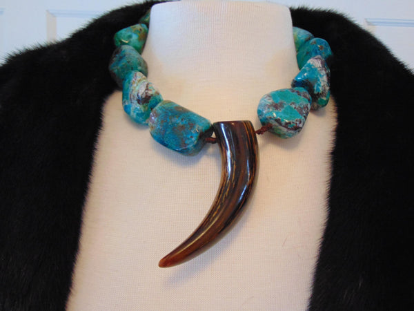 Turquoise Nugget Necklace Earring Set, Sterling Silver, Horn Medallion
