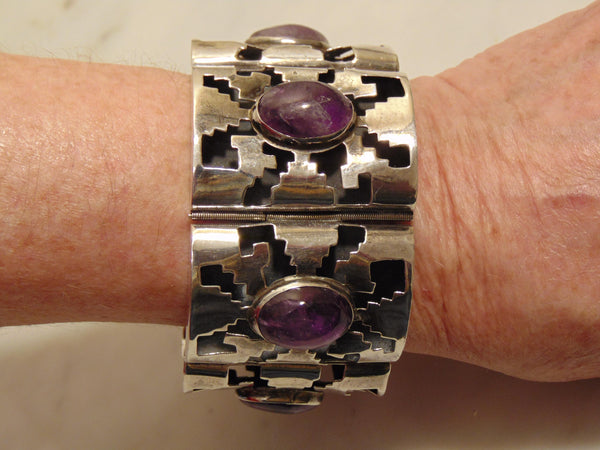 Sterling Amethyst Panel Bracelet, Mexican Silver Rodeo Jewelry