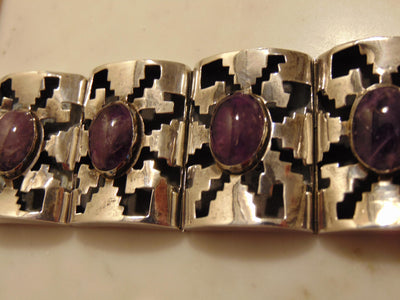 Sterling Amethyst Panel Bracelet, Mexican Silver Rodeo Jewelry