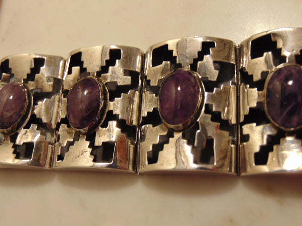 Sterling Amethyst Panel Bracelet, Mexican Silver Rodeo Jewelry