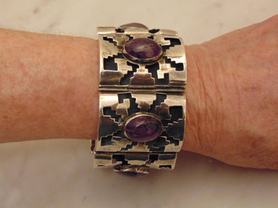 Sterling Amethyst Panel Bracelet, Mexican Silver Rodeo Jewelry