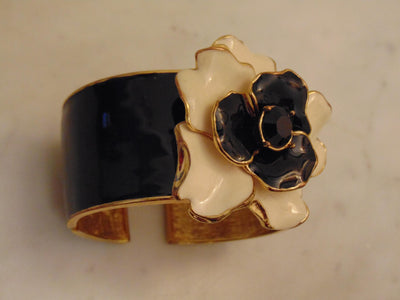 Kenneth Jay Lane Camellia Flower Clamper Bracelet Black And White