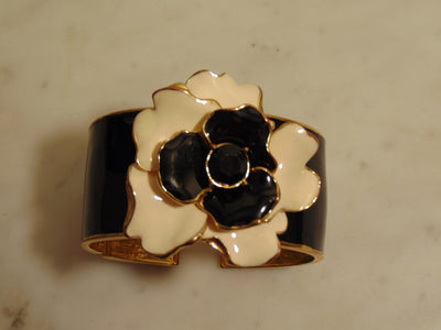 Kenneth Jay Lane Camellia Flower Clamper Bracelet Black And White