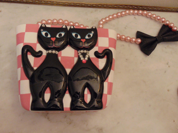 Timmy Woods Preloved Vintage Twin Siamese Cat Pink And White Checked Purse