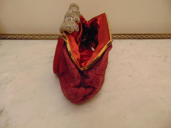 Made In France Red Micro Beaded Evening Purse Prelove Vintage