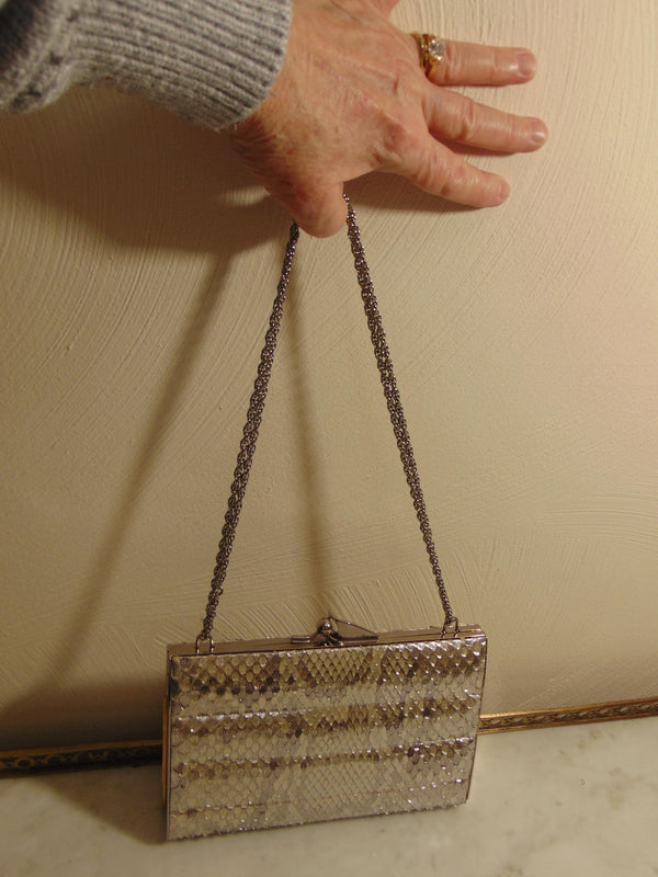 Vintage Snakeskin Metallic Clutch, Silver Shoulder Bag, Wedding Purse