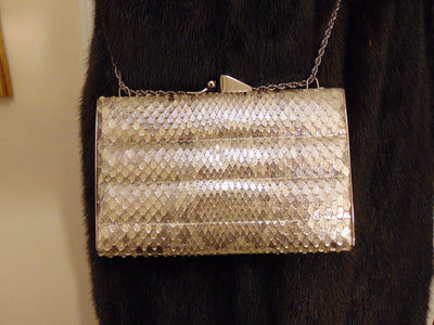 Vintage Snakeskin Metallic Clutch, Silver Shoulder Bag, Wedding Purse