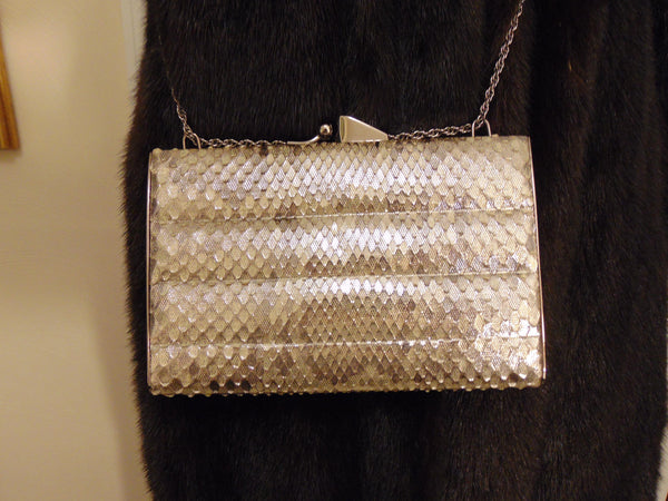 Vintage Snakeskin Metallic Clutch, Silver Shoulder Bag, Wedding Purse