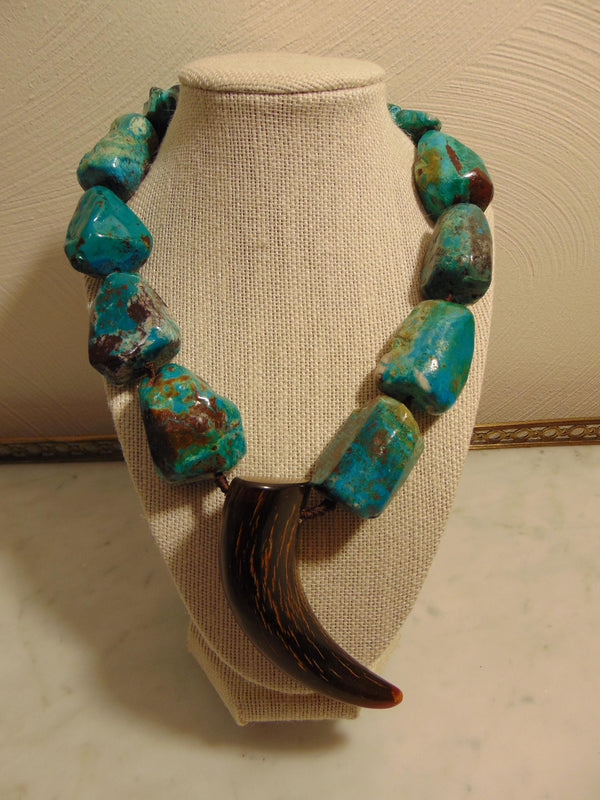 Turquoise Nugget Necklace Earring Set, Sterling Silver, Horn Medallion