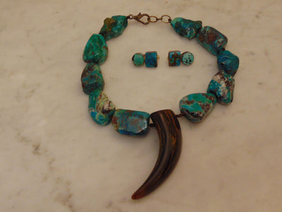 Turquoise Nugget Necklace Earring Set, Sterling Silver, Horn Medallion