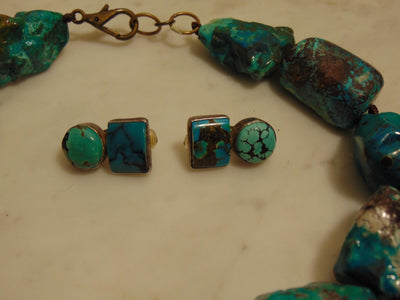 Turquoise Nugget Necklace Earring Set, Sterling Silver, Horn Medallion
