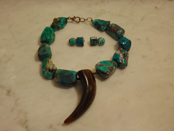 Turquoise Nugget Necklace Earring Set, Sterling Silver, Horn Medallion