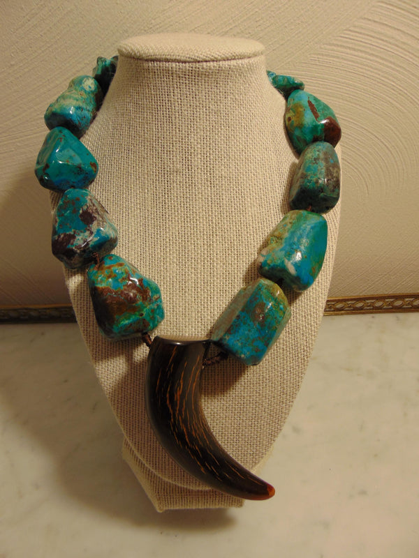 Turquoise Nugget Necklace Earring Set, Sterling Silver, Horn Medallion