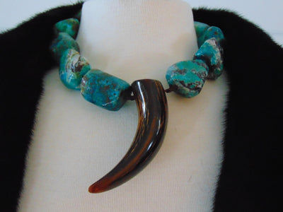 Turquoise Nugget Necklace Earring Set, Sterling Silver, Horn Medallion
