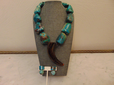 Turquoise Nugget Necklace Earring Set, Sterling Silver, Horn Medallion