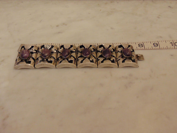 Sterling Amethyst Panel Bracelet, Mexican Silver Rodeo Jewelry