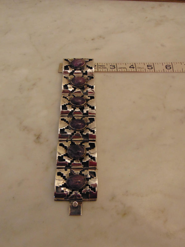 Sterling Amethyst Panel Bracelet, Mexican Silver Rodeo Jewelry
