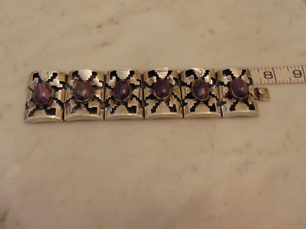 Sterling Amethyst Panel Bracelet, Mexican Silver Rodeo Jewelry