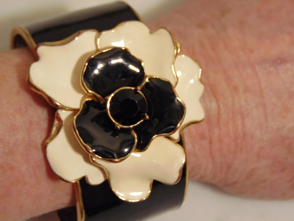 Kenneth Jay Lane Camellia Flower Clamper Bracelet Black And White