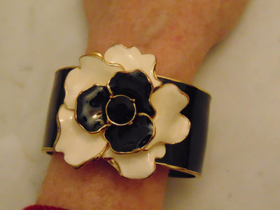Kenneth Jay Lane Camellia Flower Clamper Bracelet Black And White
