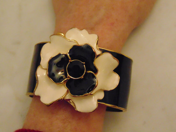 Kenneth Jay Lane Camellia Flower Clamper Bracelet Black And White