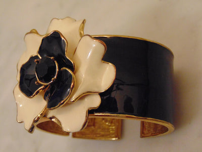 Kenneth Jay Lane Camellia Flower Clamper Bracelet Black And White