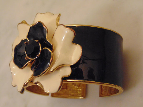 Kenneth Jay Lane Camellia Flower Clamper Bracelet Black And White