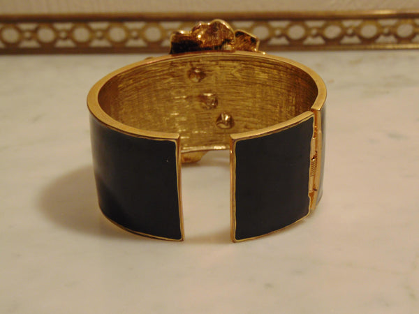 Kenneth Jay Lane Camellia Flower Clamper Bracelet Black And White