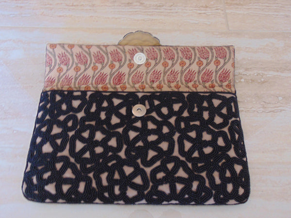 Black Beaded Clutch Roberta Freyman, Wedding Clutch, Vintage Preloved Cotton Bead Purse