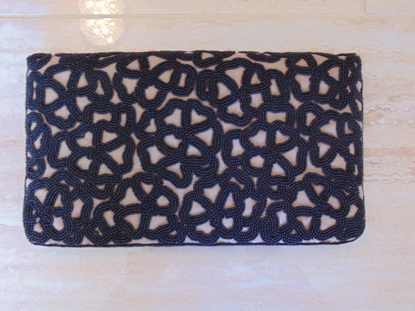 Black Beaded Clutch Roberta Freyman, Wedding Clutch, Vintage Preloved Cotton Bead Purse