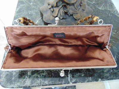 Vintage Yilin Satin Purse with Tigers Eye Handle, Sequins & Stones