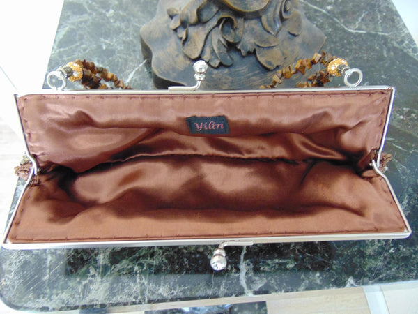 Vintage Yilin Satin Purse with Tigers Eye Handle, Sequins & Stones