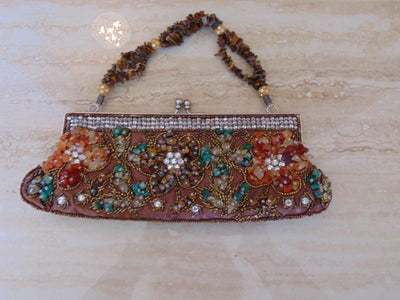 Vintage Yilin Satin Purse with Tigers Eye Handle, Sequins & Stones